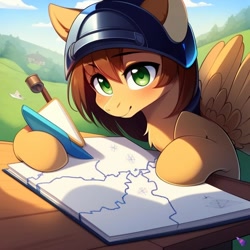 Size: 704x704 | Tagged: safe, derpibooru import, generator:purplesmart.ai, generator:stable diffusion, machine learning generated, oc, oc:leafhelm, pegasus, pony, cartographer, drawing a map, helmet, map, mapmaker