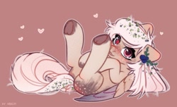 Size: 2500x1520 | Tagged: safe, artist:shelti, derpibooru import, oc, oc only, pegasus, pony, blushing, butt, colored pupils, female, flower, folded wings, freckles, heart, hoof heart, looking at you, lying down, mare, on back, open mouth, outline, plot, red background, request, simple background, solo, underhoof, white outline, wings