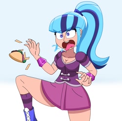 Size: 1086x1080 | Tagged: safe, artist:tweenanimation, derpibooru import, sonata dusk, human, blue background, breasts, cleavage, clothes, female, humanized, simple background, skirt, tongue, tongue out