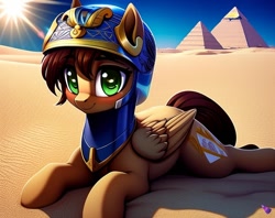 Size: 768x608 | Tagged: safe, derpibooru import, generator:purplesmart.ai, generator:stable diffusion, machine learning generated, pegasus, pony, egyptian pony, helmet, pyramids