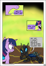 Size: 1600x2283 | Tagged: safe, artist:thunderelemental, derpibooru import, twilight sparkle, changeling, pony, comic:swarm rising, comic, duo, speech bubble