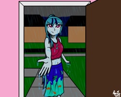 Size: 1280x1024 | Tagged: safe, artist:mediaheadart, derpibooru import, sonata dusk, equestria girls, female, midriff, rain, solo, wet, wet hair