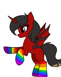 Size: 1074x1368 | Tagged: safe, artist:petaltwinkle, derpibooru import, oc, oc only, alicorn, bat pony, bat pony alicorn, pony, bat wings, clothes, horn, rainbow socks, simple background, socks, solo, striped socks, white background, wings