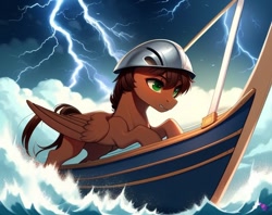 Size: 768x608 | Tagged: safe, derpibooru import, generator:purplesmart.ai, generator:stable diffusion, machine learning generated, oc, oc:leafhelm, pegasus, pony, helmet, lightning, ocean, rough sea, sailing, ship, stormy weather, thunderstorm, water