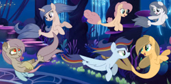 Size: 1276x626 | Tagged: safe, artist:lorenacarrizo18, artist:starlingsentry27, derpibooru import, oc, oc only, oc:apple spice, oc:cupcake, oc:jewel glamor, oc:starling sentry, oc:thunder bolt, alicorn, dracony, earth pony, hybrid, pegasus, seapony (g4), unicorn, my little pony: the movie, base used, dorsal fin, female, fin, fin wings, fins, fish tail, flowing mane, flowing tail, heterochromia, interspecies offspring, ocean, offspring, parent:applejack, parent:caramel, parent:cheese sandwich, parent:flash sentry, parent:pinkie pie, parent:rainbow dash, parent:rarity, parent:soarin', parent:spike, parent:twilight sparkle, parents:carajack, parents:cheesepie, parents:flashlight, parents:soarindash, parents:sparity, seaponified, species swap, swimming, tail, underwater, water, wings