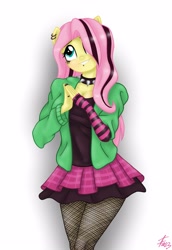 Size: 2475x3590 | Tagged: safe, alternate version, artist:lennondash, derpibooru import, fluttershy, anthro, pegasus, clothes, draw this in your style, dtiys emoflat, evening gloves, female, fingerless elbow gloves, fingerless gloves, fishnet stockings, gloves, grin, hair over one eye, long gloves, plaid skirt, simple background, skirt, smiling, solo, striped gloves, white background