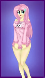 Size: 2396x4092 | Tagged: safe, alternate version, artist:lennondash, derpibooru import, fluttershy, human, equestria girls, breasts, butterfly hairpin, clothes, cute, female, hootershy, open mouth, out of frame, pajamas, purple background, schrödinger's pantsu, shyabetes, simple background, solo, sweater, sweatershy