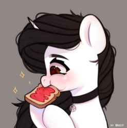 Size: 1977x2000 | Tagged: safe, artist:shelti, derpibooru import, oc, oc only, pony, unicorn, bread, choker, colored pupils, eating, female, food, gray background, horn, jelly, mare, pentagram, request, simple background, solo