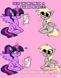 Size: 1074x1368 | Tagged: safe, artist:petaltwinkle, derpibooru import, derpy hooves, twilight sparkle, twilight sparkle (alicorn), alicorn, pegasus, pony, comic, dialogue, duo, simple background