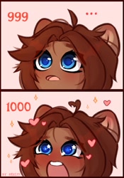 Size: 1386x1976 | Tagged: safe, artist:shelti, derpibooru import, oc, oc only, oc:owl, earth pony, pony, ..., 1000, 2 panel comic, blushing, bust, chibi, colored pupils, comic, female, heart, mare, open mouth, portrait, solo