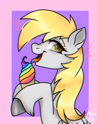 Size: 1074x1368 | Tagged: safe, artist:petaltwinkle, derpibooru import, derpy hooves, pegasus, pony, abstract background, eating, food, ice cream, solo