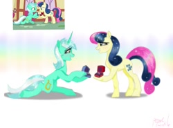 Size: 1367x1010 | Tagged: safe, artist:petaltwinkle, derpibooru import, bon bon, lyra heartstrings, sweetie drops, earth pony, pony, unicorn, duo, marriage proposal, scene interpretation, screencap reference