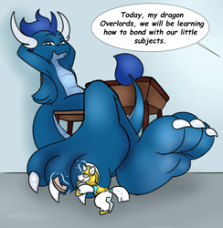 Size: 3900x3990 | Tagged: safe, artist:theinspiredsphynx, derpibooru import, oc, oc:cobalt, oc:cobalt the dragon, dragon, unicorn, affection, armor, blue, chair, classroom, claws, desk, dragon oc, feet, floor, folded wings, foot focus, giant dragon, glowing, glowing horn, horn, horns, macro, macro/micro, magic, non-pony oc, pampering, paws, pedicure, perspective, relaxed, relaxed face, relaxing, royal guard, royal guard armor, school, school desk, sitting, smiling, telekinesis, toes, tongue, tongue out, wings