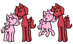 Size: 2000x1200 | Tagged: safe, artist:manticorpse, derpibooru import, oc, oc:raspberry sorbet, oc:strawberry syrup, pegasus, pony, chibi, cute, female, height difference, kissing, lesbian, lesbian couple, minimalist, pegasus oc, simple, size difference