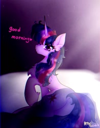 Size: 1074x1368 | Tagged: safe, artist:petaltwinkle, derpibooru import, twilight sparkle, pony, unicorn, bed, good morning, solo