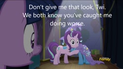 Size: 1280x720 | Tagged: safe, derpibooru import, screencap, starlight glimmer, trixie, twilight sparkle, alicorn, pony, unicorn, caption, hug, image macro, text