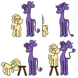 Size: 5000x4996 | Tagged: safe, artist:manticorpse, derpibooru import, oc, oc:blacklight bulb, oc:lemon meringue, earth pony, pony, unicorn, chibi, cute, earth pony oc, height difference, horn, kissing, long tail, minimalist, simple, size difference, tail, tall, unicorn oc