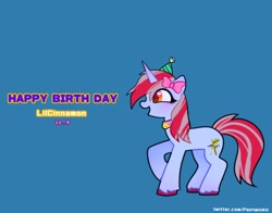 Size: 1368x1074 | Tagged: safe, artist:petaltwinkle, derpibooru import, oc, oc only, oc:cinnamon lightning, pony, unicorn, female, happy birthday, mare, simple background, solo