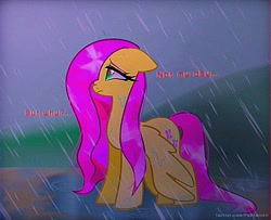 Size: 1041x844 | Tagged: safe, artist:petaltwinkle, derpibooru import, fluttershy, pegasus, pony, dialogue, ears, female, floppy ears, looking away, mare, outdoors, rain, sad, solo, spread wings, standing, wet, wet mane, wings, wings down