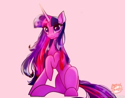 Size: 1368x1074 | Tagged: safe, artist:petaltwinkle, derpibooru import, twilight sparkle, unicorn twilight, pony, unicorn, female, horn, long hair, long horn, looking at you, mare, raised hoof, raised leg, simple background, sitting, solo