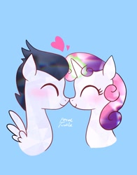 Size: 1074x1368 | Tagged: safe, artist:petaltwinkle, derpibooru import, rumble, sweetie belle, pegasus, pony, unicorn, ^^, duo, eyes closed, female, heart, male, rumbelle, shipping, simple background, straight