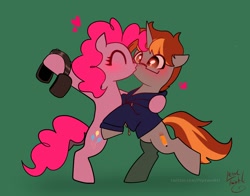 Size: 1368x1074 | Tagged: safe, artist:petaltwinkle, derpibooru import, pinkie pie, oc, earth pony, pony, unicorn, canon x oc, clothes, dancing, duo, hoodie, kissing