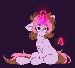 Size: 2048x1844 | Tagged: safe, artist:hibiscusstitch, derpibooru import, oc, oc only, oc:hibiscus stitch, pony, unicorn, coffee, female, glowing, glowing horn, horn, purple background, simple background, solo, tired, unicorn oc