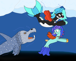 Size: 3015x2448 | Tagged: safe, artist:supahdonarudo, derpibooru import, oc, oc only, oc:icebeak, oc:sea lilly, seapony (g4), bubble, camera, chase, dorsal fin, fin, fin wings, fins, fish tail, flowing mane, flowing tail, ice, jewelry, necklace, ocean, open mouth, scared, sea monster, swimming, tail, underwater, water, wings, ziphius