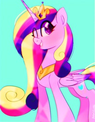Size: 1074x1368 | Tagged: safe, artist:petaltwinkle, derpibooru import, princess cadance, alicorn, pony, aside glance, chromatic aberration, female, folded wings, looking at you, mare, one eye closed, simple background, smiling, smiling at you, solo, standing, teal background, three quarter view, wings