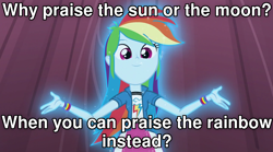 Size: 1280x714 | Tagged: safe, derpibooru import, edit, edited screencap, screencap, rainbow dash, human, equestria girls, caption, female, image macro, looking at you, smiling, smiling at you, solo, text