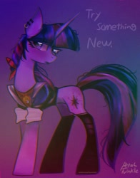 Size: 1074x1368 | Tagged: safe, artist:petaltwinkle, derpibooru import, twilight sparkle, pony, unicorn, aside glance, clothes, ear piercing, female, head turn, jacket, looking at you, mare, piercing, solo, standing, stockings, thigh highs