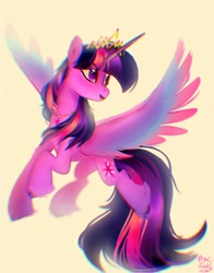 Size: 1074x1368 | Tagged: safe, artist:petaltwinkle, derpibooru import, twilight sparkle, twilight sparkle (alicorn), alicorn, pony, crown, diadem, female, flying, head turn, jewelry, looking away, mare, necklace, open mouth, open smile, regalia, simple background, smiling, solo, spread wings, unshorn fetlocks, wings