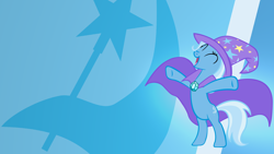 Size: 1920x1080 | Tagged: safe, artist:rdbrony16, artist:shelmo69, artist:the smiling pony, derpibooru import, edit, trixie, pony, unicorn, cape, clothes, cutie mark, eyes closed, female, gradient background, happy, hat, mare, open mouth, open smile, smiling, solo, trixie's cape, trixie's hat, wallpaper, wallpaper edit