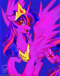 Size: 1074x1368 | Tagged: safe, artist:petaltwinkle, derpibooru import, twilight sparkle, twilight sparkle (alicorn), alicorn, pony, blue background, crown, diadem, female, head turn, jewelry, looking at you, mare, open mouth, open smile, peytral, regalia, simple background, smiling, solo, spread wings, wings