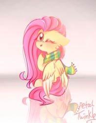 Size: 1074x1368 | Tagged: safe, artist:petaltwinkle, derpibooru import, fluttershy, pegasus, pony, clothes, cute, ears, female, floppy ears, folded wings, looking at you, looking back, looking back at you, looking over shoulder, one eye closed, raised hoof, raised leg, reflection, scarf, shyabetes, sitting, solo, tongue, tongue out, wings, wink, winking at you