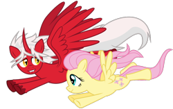 Size: 1000x627 | Tagged: safe, artist:masem, derpibooru import, fluttershy, oc, oc:draco scales, alicorn, pegasus, pony, alicorn oc, cute, cute little fangs, duo, fangs, flying, happy, horn, shipping, simple background, slit eyes, transparent background, wings