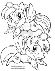 Size: 556x720 | Tagged: safe, artist:marybellamy, derpibooru import, rainbow dash, soarin', pegasus, pony, aviator goggles, black and white, bomber jacket, chibi, clothes, cute, duo, flying, goggles, grayscale, jacket, lineart, monochrome, patreon, patreon reward, simple background, smiling, soarindash, watermark, white background, wonderbolts