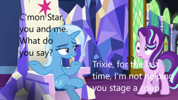 Size: 1280x720 | Tagged: safe, derpibooru import, edit, edited screencap, screencap, starlight glimmer, trixie, pony, unicorn, all bottled up, caption, coup, image macro, text, throne, twilight's castle