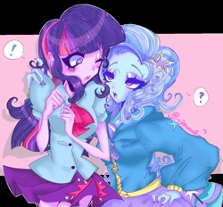 Size: 1117x1038 | Tagged: safe, alternate version, artist:fox1well1, derpibooru import, trixie, twilight sparkle, human, equestria girls, blushing, female, human coloration, humanized, lesbian, shipping, twixie