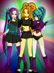 Size: 772x1036 | Tagged: safe, artist:kuya64, artist:kuyaganrinya, derpibooru import, adagio dazzle, aria blaze, sonata dusk, human, equestria girls, clothes, eyebrows, eyebrows visible through hair, female, frown, midriff, open mouth, open smile, shorts, skirt, smiling, the dazzlings, trio, trio female