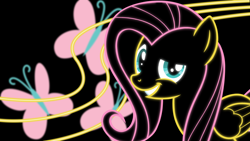 Size: 1920x1080 | Tagged: safe, artist:blackgryph0n, artist:rdbrony16, artist:wildtiel, derpibooru import, edit, fluttershy, pegasus, pony, black background, cutie mark, female, looking at you, mare, neon, simple background, smiling, smiling at you, solo, wallpaper, wallpaper edit