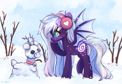 Size: 2900x2000 | Tagged: safe, artist:shelti, derpibooru import, oc, oc only, bat pony, pony, bat wings, bell, colored pupils, commission, daytime, earmuffs, female, freckles, mare, outdoors, raised hoof, raised leg, sky, snow, snowpony, solo, spread wings, standing, stick, tree, wings