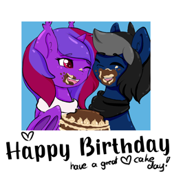 Size: 2000x2000 | Tagged: safe, artist:pastel-pony-princess, derpibooru import, oc, oc:violet rose ze vampony, bat pony, earth pony, pony, cake, food, happy birthday