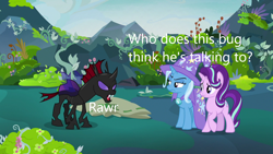 Size: 1280x720 | Tagged: safe, derpibooru import, edit, edited screencap, screencap, pharynx, starlight glimmer, trixie, changeling, pegasus, pony, to change a changeling, caption, image macro, text