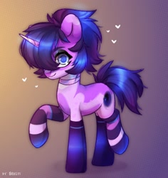 Size: 1884x2000 | Tagged: safe, artist:shelti, derpibooru import, oc, oc only, pony, unicorn, choker, clothes, colored pupils, commission, female, gradient background, hair over one eye, heart, horn, mare, raised hoof, raised leg, socks, solo, standing, striped socks