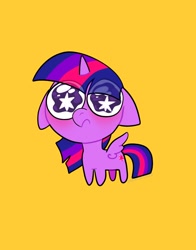 Size: 1074x1368 | Tagged: safe, artist:petaltwinkle, derpibooru import, part of a set, twilight sparkle, twilight sparkle (alicorn), alicorn, pony, chibi, ears, eye shimmer, floppy ears, simple background, solo, starry eyes, wingding eyes, yellow background