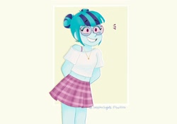 Size: 2048x1440 | Tagged: safe, artist:sunsetslight, derpibooru import, sonata dusk, equestria girls, adorkable, alternate hairstyle, clothes, cute, dork, ear piercing, earring, female, glasses, hair bun, hands behind back, jewelry, mole, piercing, skirt, smiling, solo, sonatabetes