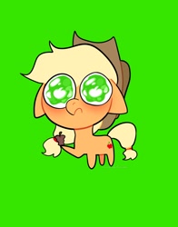 Size: 1074x1368 | Tagged: safe, artist:petaltwinkle, derpibooru import, part of a set, applejack, earth pony, pony, apple, big eyes, chibi, ears, eye clipping through hair, eye shimmer, female, floppy ears, food, frown, green background, mare, simple background, solo, wide eyes