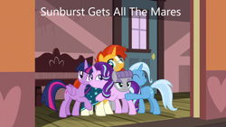 Size: 1280x720 | Tagged: safe, derpibooru import, screencap, maud pie, starlight glimmer, sunburst, trixie, twilight sparkle, alicorn, earth pony, pony, unicorn, caption, image macro, sunburst gets all the mares, text