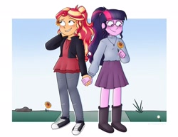 Size: 2048x1578 | Tagged: safe, artist:sunsetslight, derpibooru import, sci-twi, sunset shimmer, twilight sparkle, equestria girls, cute, duo, female, holding hands, lesbian, scitwishimmer, shipping, sunsetsparkle